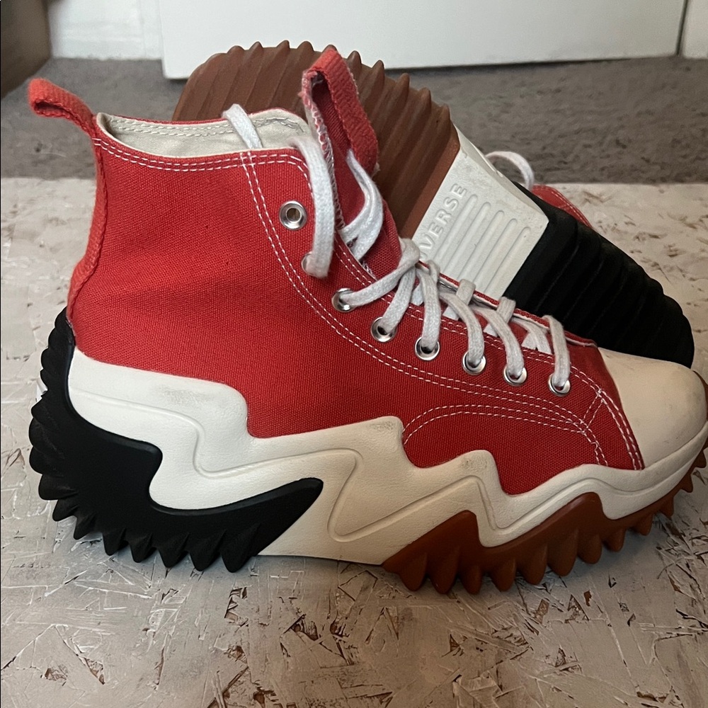 Converse Red and White High-Top Sneakers with Black and Brown Soles
